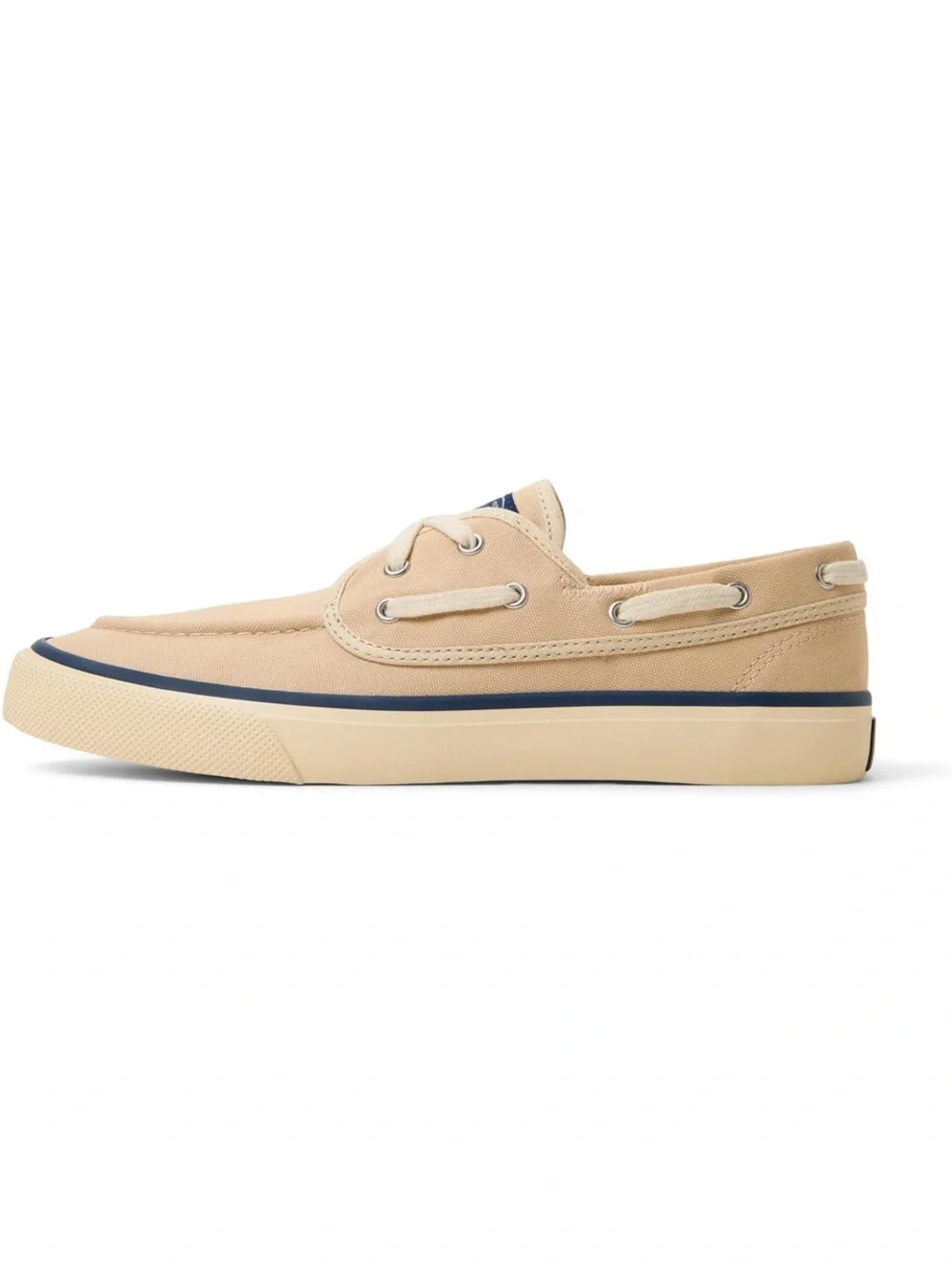 Sperry Beige Canvas Boat Shoe with Navy Stripe